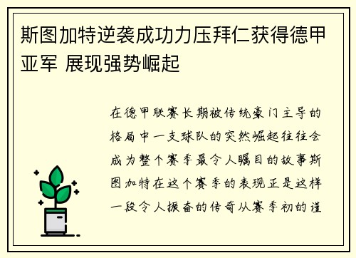 斯图加特逆袭成功力压拜仁获得德甲亚军 展现强势崛起 斯图加特逆袭成功力压拜仁获得德甲亚军 展现强势崛起