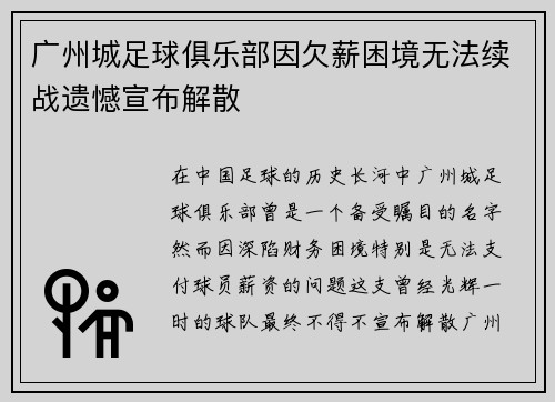 广州城足球俱乐部因欠薪困境无法续战遗憾宣布解散 广州城足球俱乐部因欠薪困境无法续战遗憾宣布解散